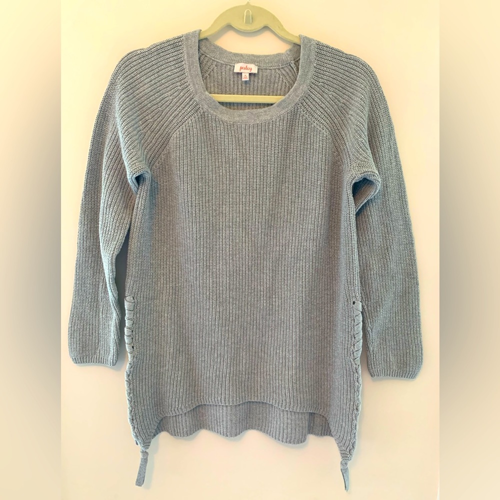 Gray tunic sweater with braided side seam detail